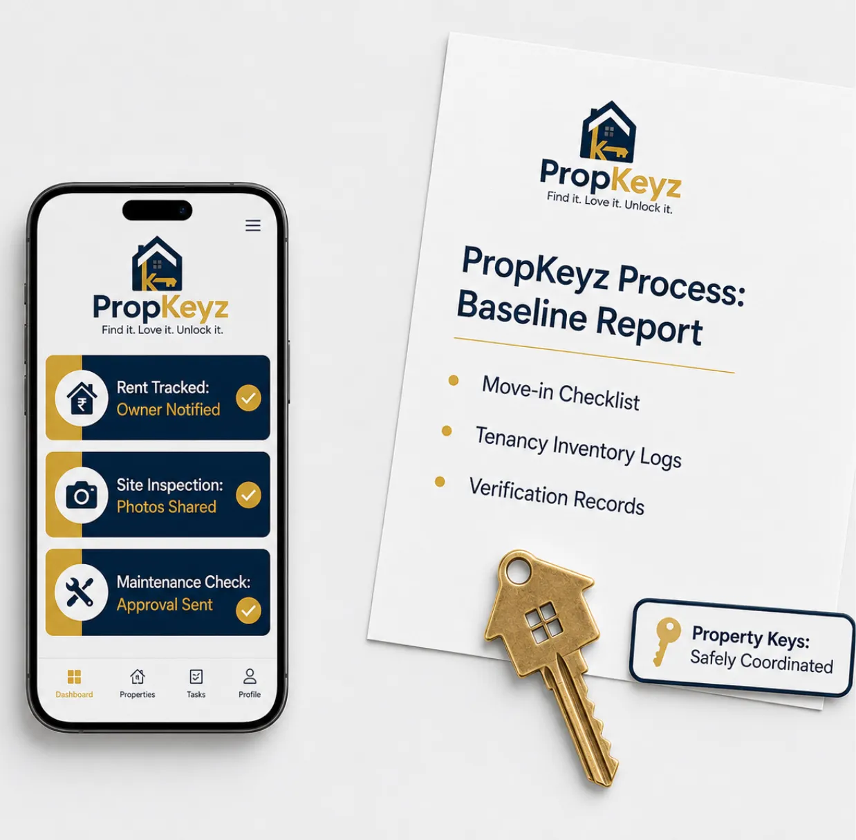 PropKeyz digital property management system showing WhatsApp owner updates, verified rent tracking metrics, and professional local coordination tools