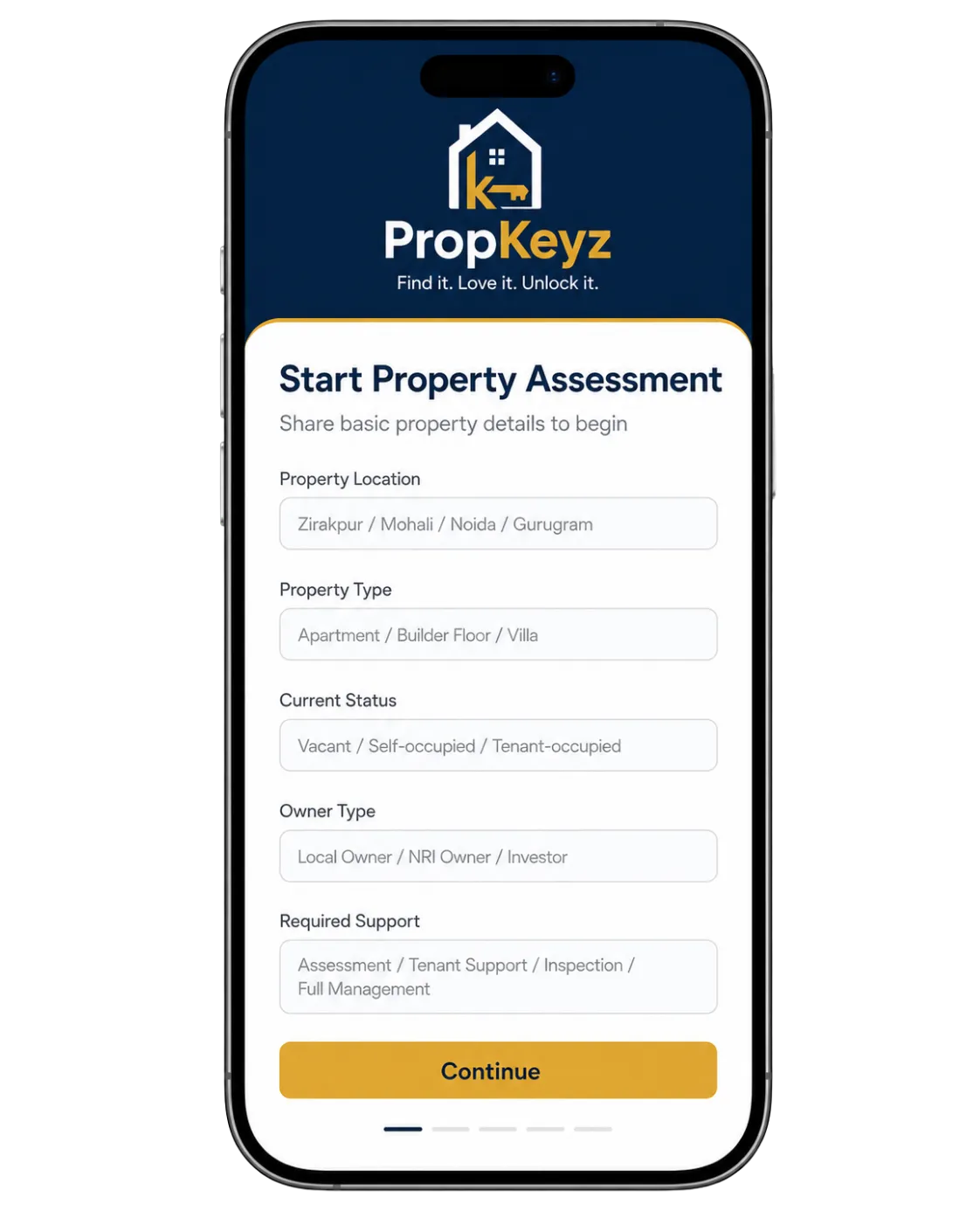 PropKeyz Step 1 Property Assessment digital form interface for collecting basic details like location, property type, status, and NRI or local ownership to begin service coordination.