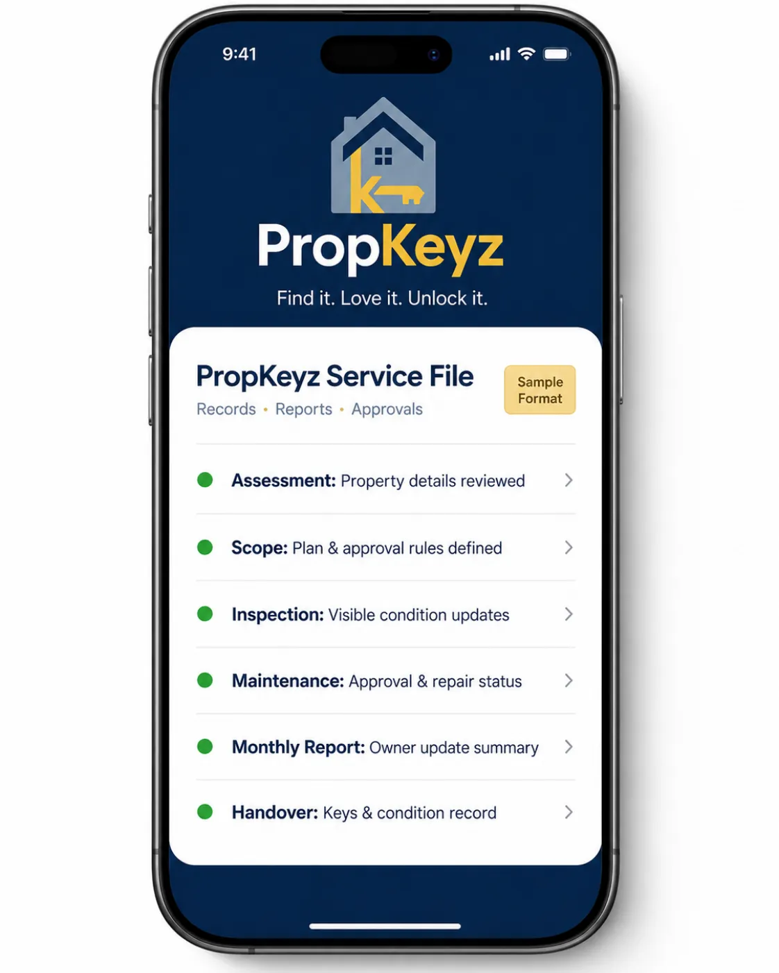 PropKeyz digital property management documentation file tracking baseline property assessments, defined plans, on-ground inspection records, and monthly owner reports