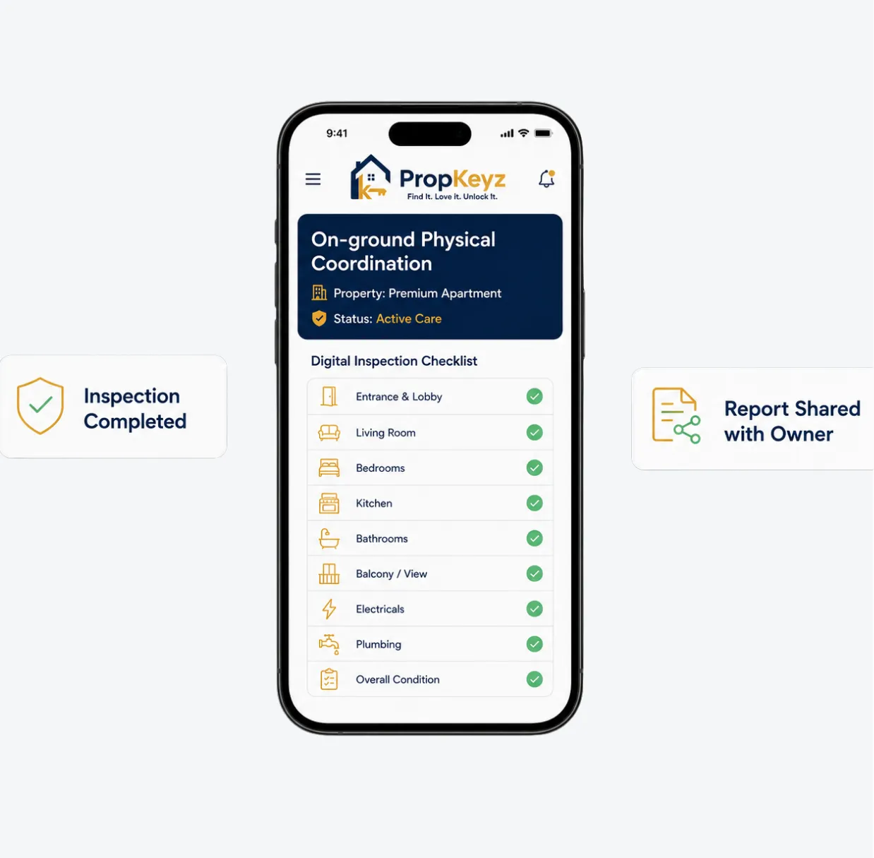 PropKeyz Digital Property Management Dashboard showing remote inspection logs, tenant coordination checks, and verified updates