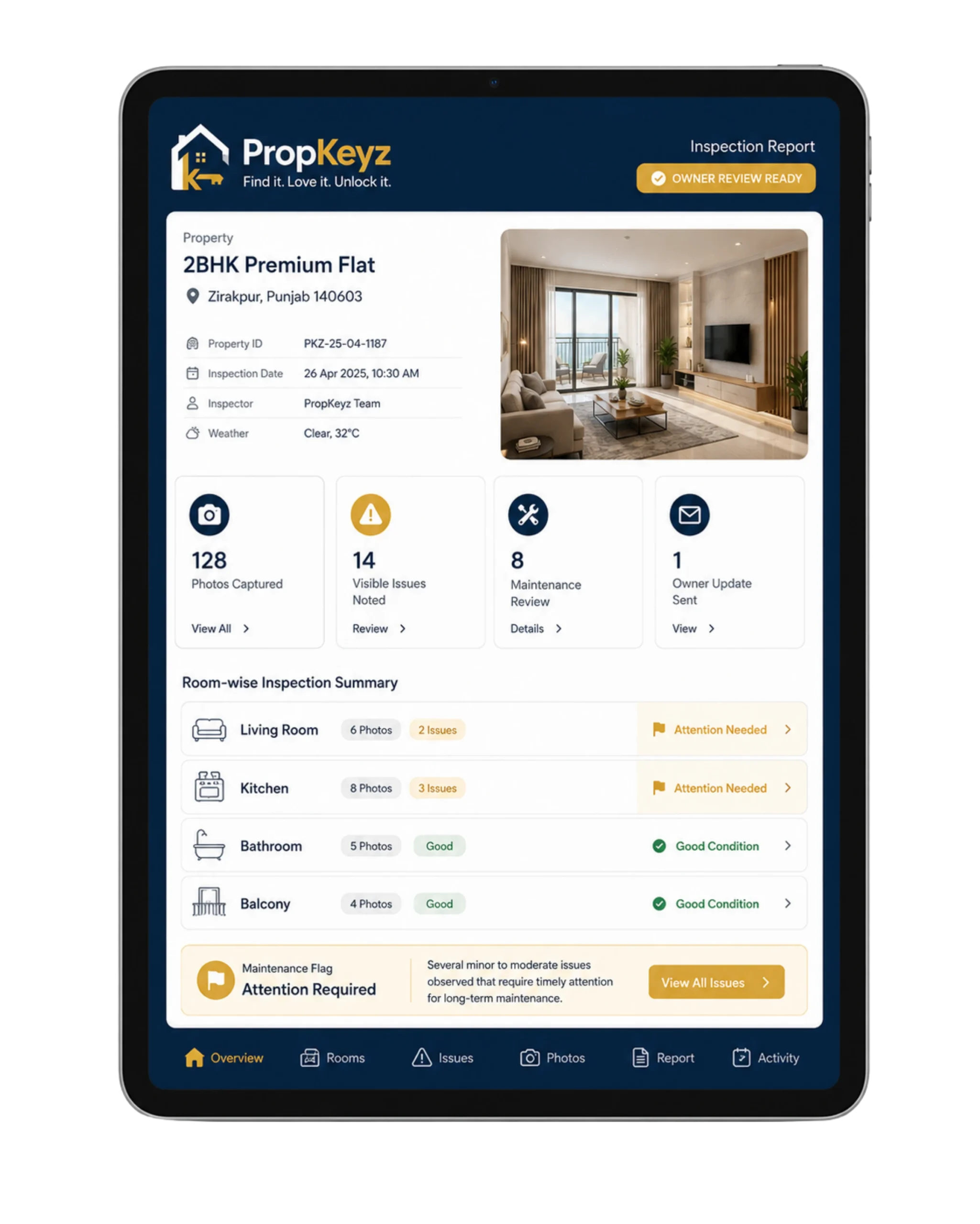 PropKeyz digital property inspection report interface showing visual audits, room status checklist data and flagged maintenance repair updates.
