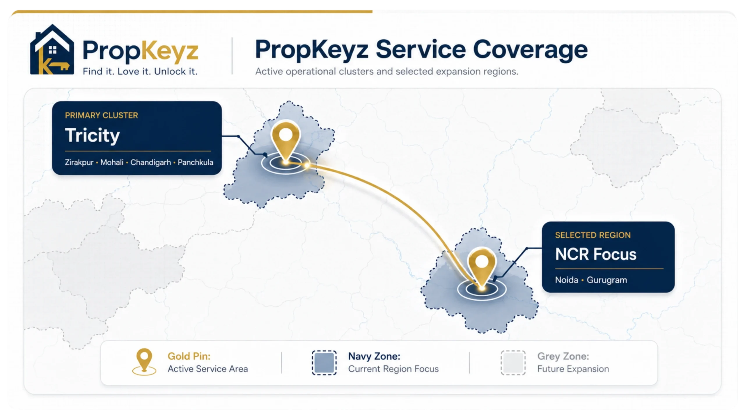 PropKeyz service coverage map showing Tricity primary cluster and NCR focus with active service areas and coverage legend