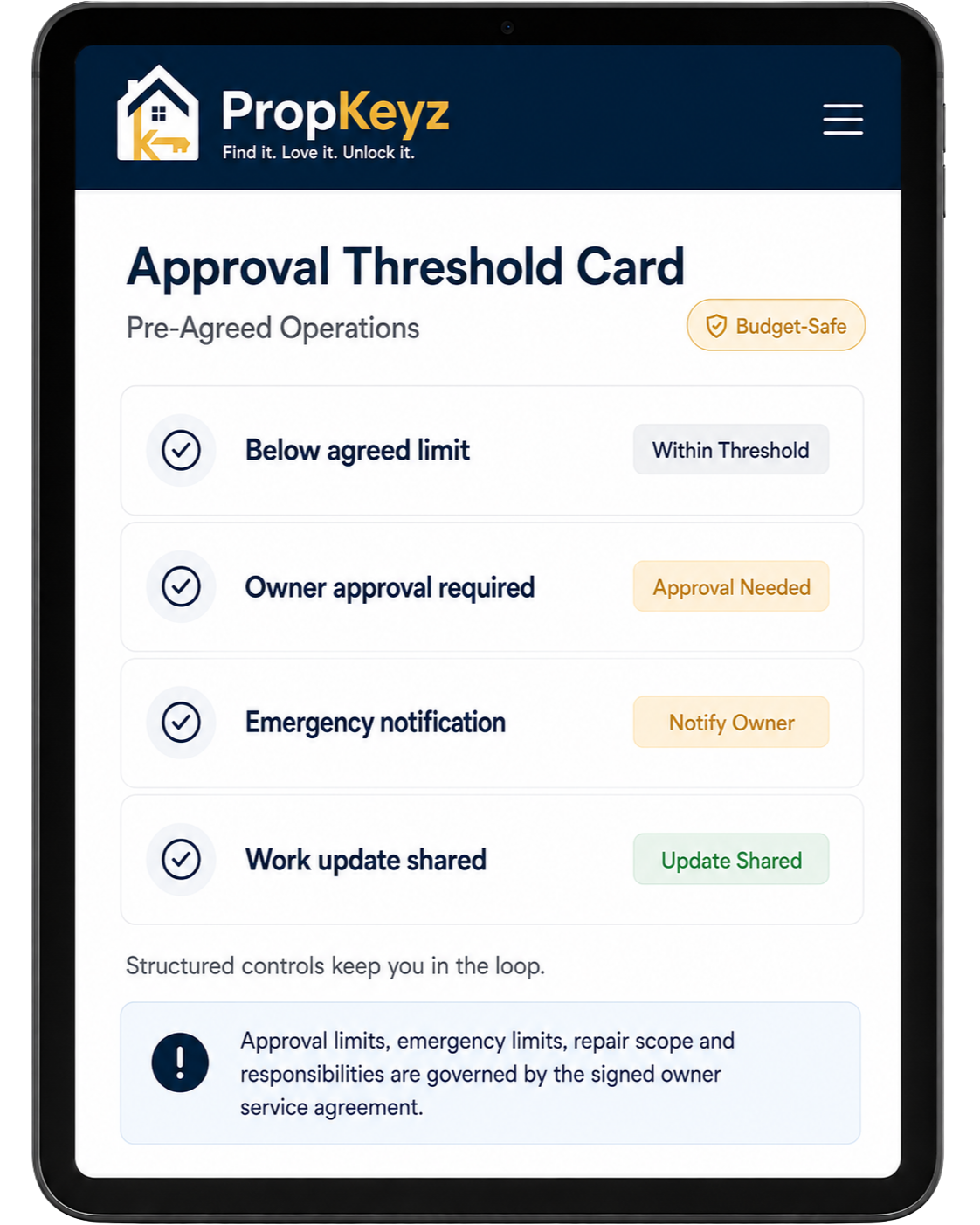 PropKeyz approval threshold card tablet view showing budget safe owner approval controls