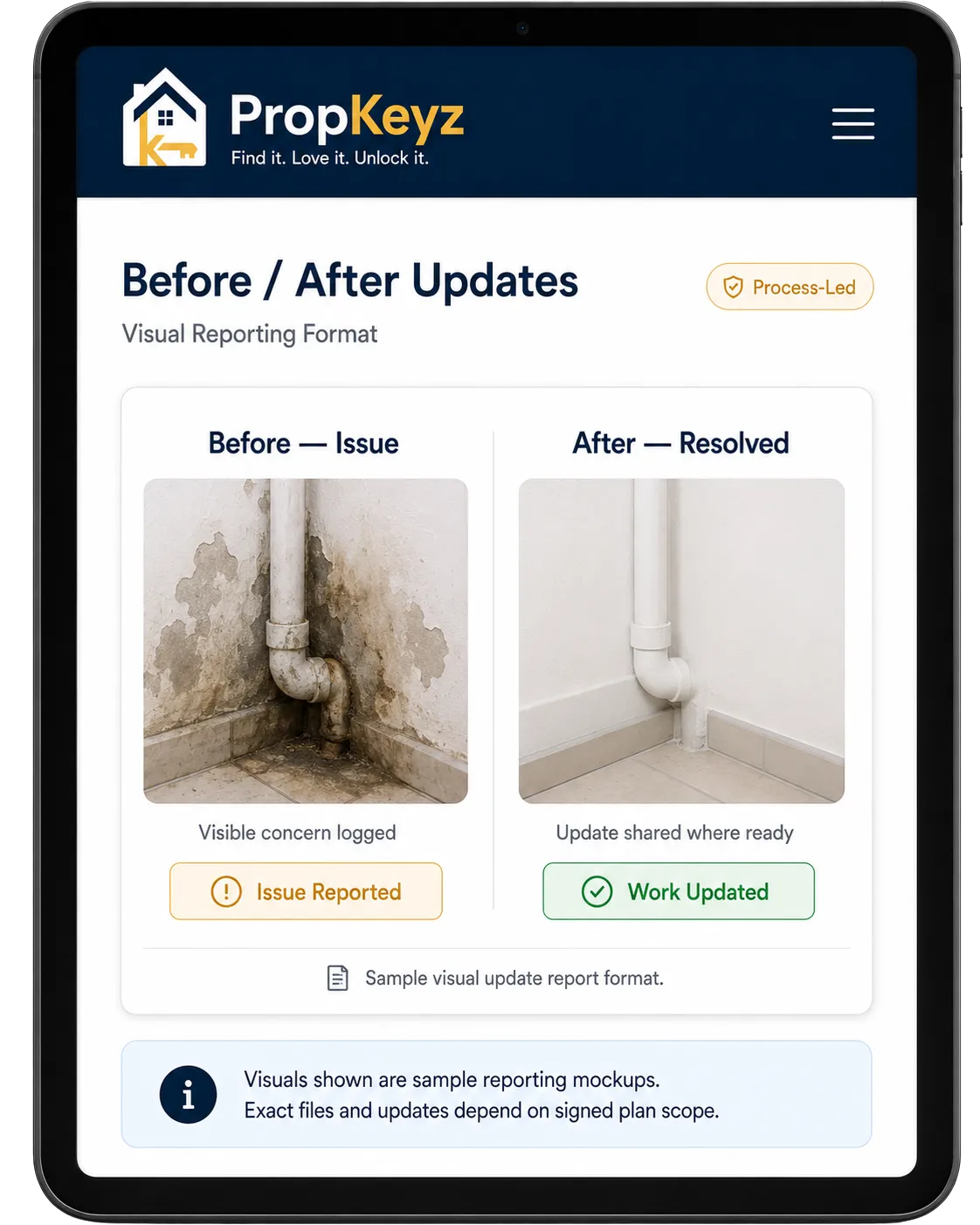 PropKeyz before and after visual update report tablet view showing maintenance issue and resolved update