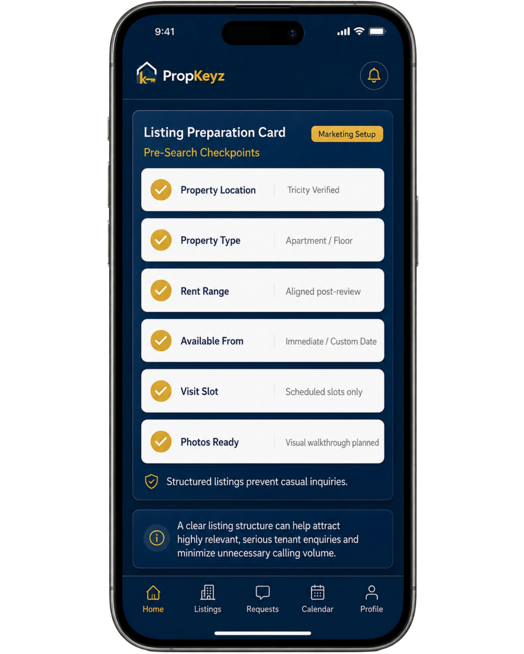 PropKeyz listing preparation iPhone dashboard showing property location, property type, rent range, availability date, visit slot and photos ready checklist for tenant search