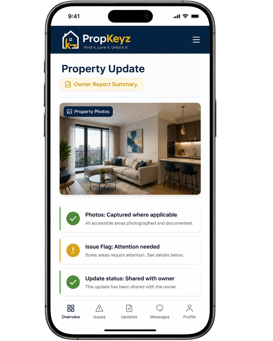 PropKeyz property update iPhone screen showing flat photos, issue flag, photo status and owner report summary