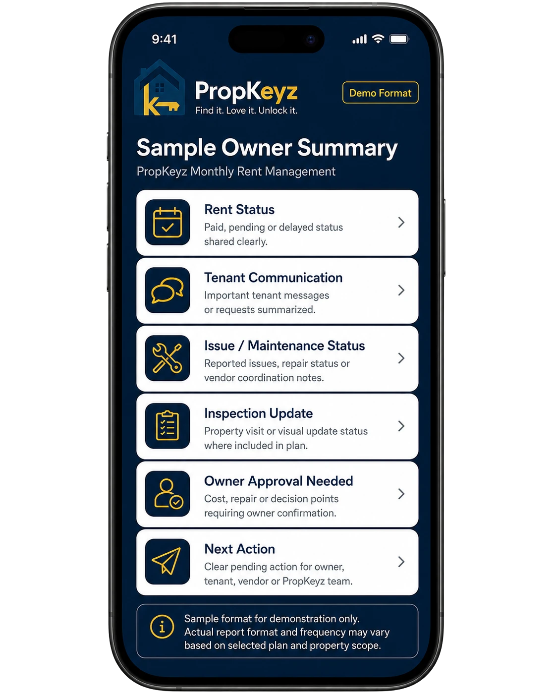 PropKeyz sample owner summary iPhone view showing rent status, tenant communication, maintenance status, inspection update, owner approval and next action