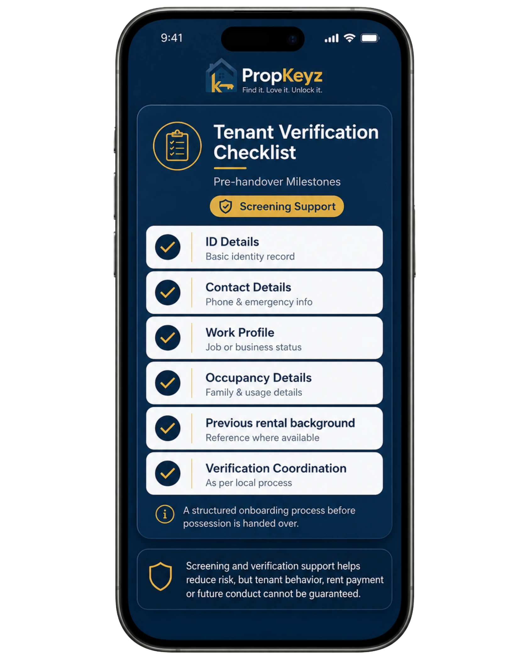 PropKeyz tenant verification checklist iPhone dashboard showing ID details, contact details, work profile, occupancy details, previous rental background and verification coordination before handover