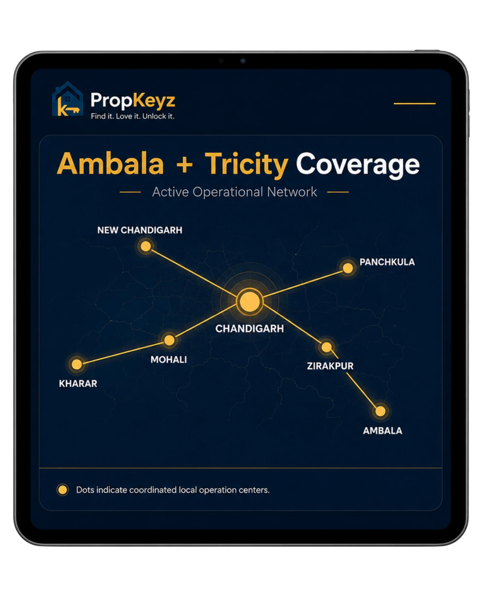 PropKeyz Ambala and Tricity coverage tablet map showing Chandigarh, Mohali, Panchkula, Kharar, Zirakpur, Ambala and New Chandigarh local operation nodes
