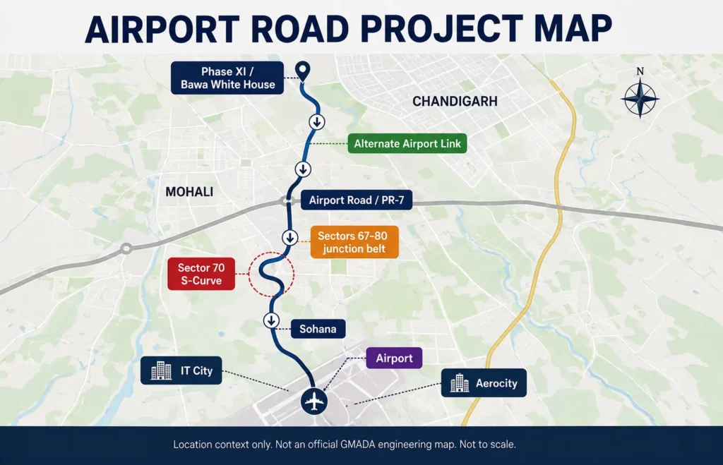 Mohali Airport Road PR-7 project map showing alternate road Sohana and Sector 70