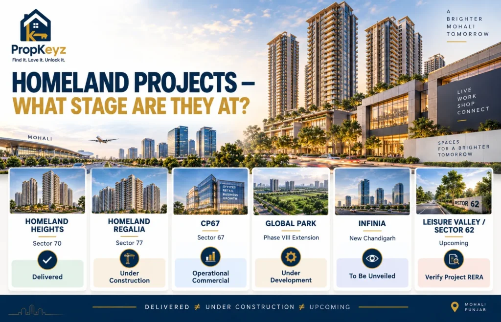 Homeland Heights Regalia CP67 Global Park Infinia Sector 62 project status comparison