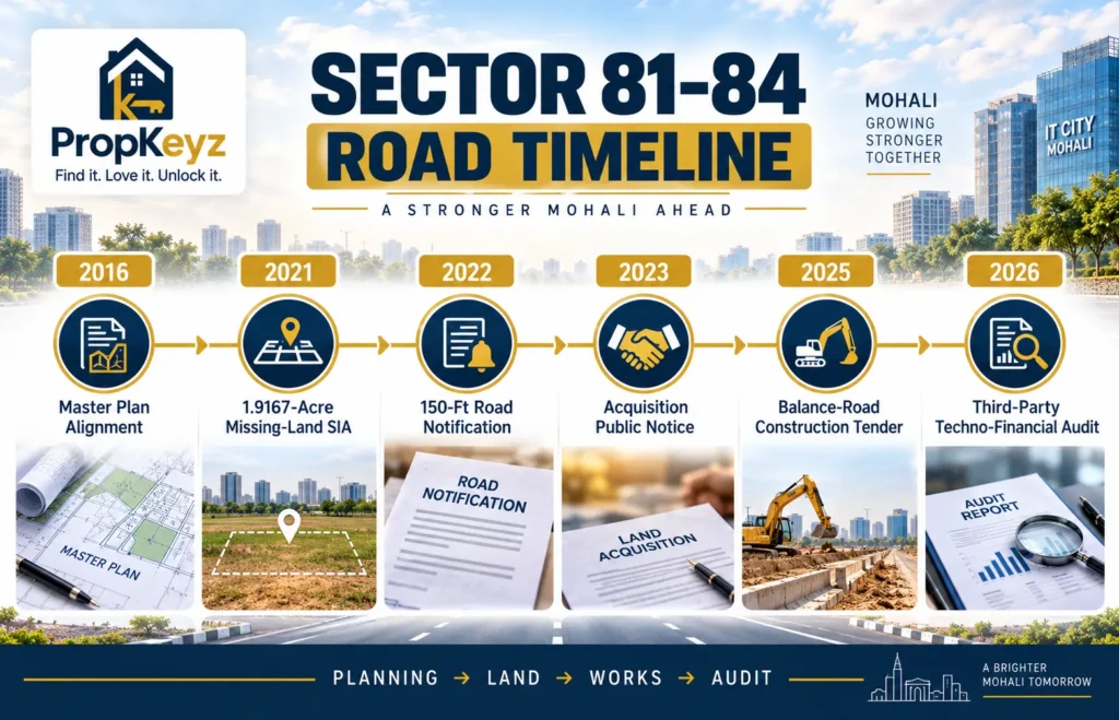 Sector 81 84 Mohali 150 ft road land acquisition construction timeline