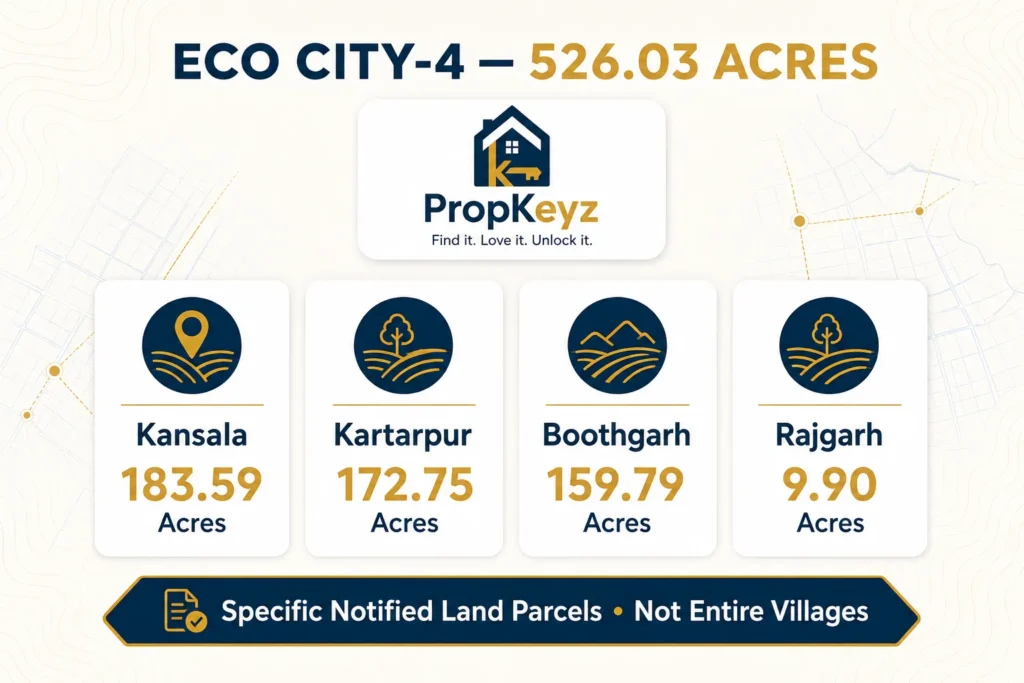 Eco City 4 Kansala Kartarpur Boothgarh Rajgarh 526.03 acre breakup