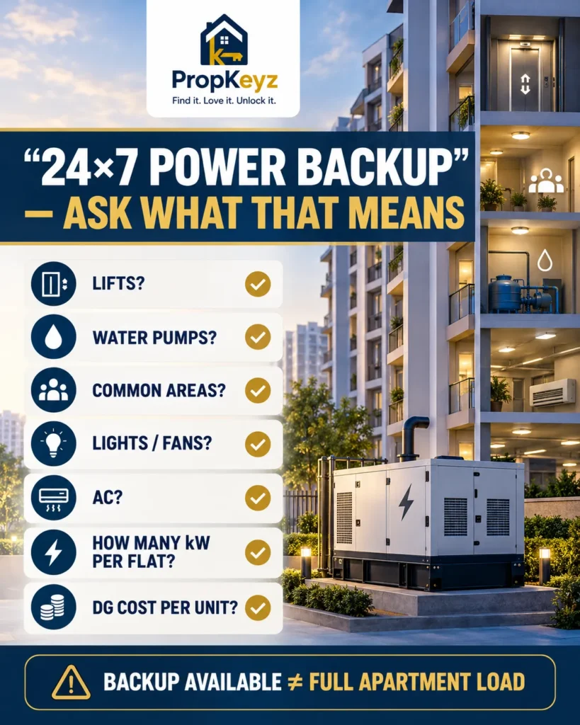 24x7 power backup Zirakpur flat DG load lift water pump checklist