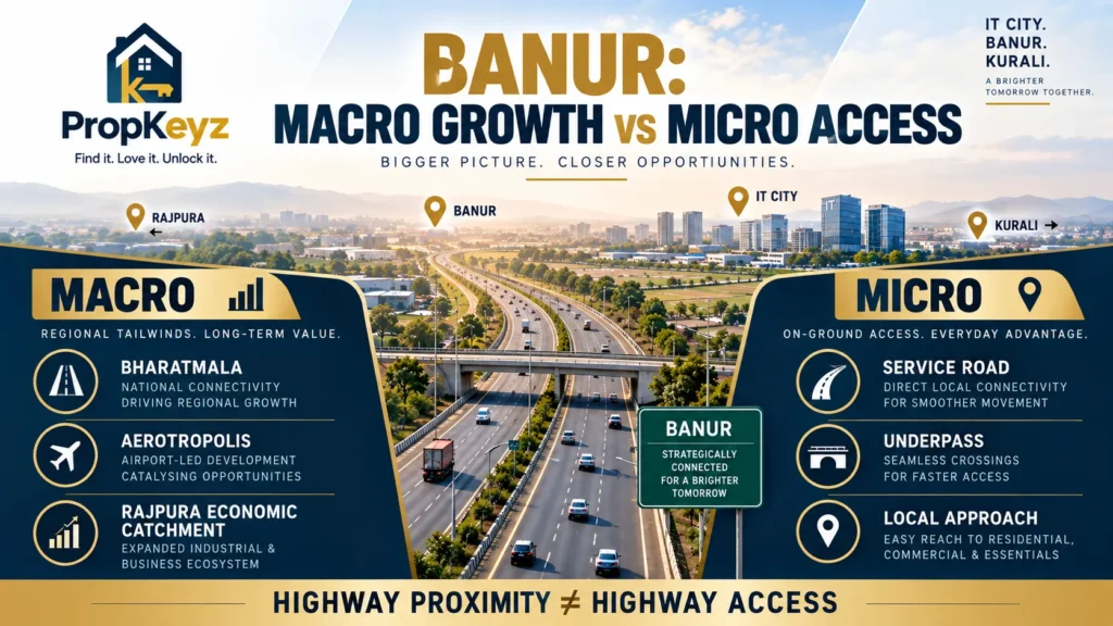 Banur Bharatmala property highway access service road underpass investment 2026