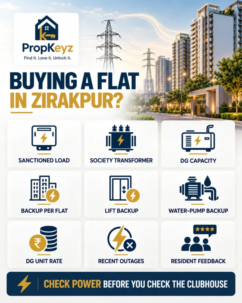 Zirakpur property buyer electricity transformer DG lift backup checklist