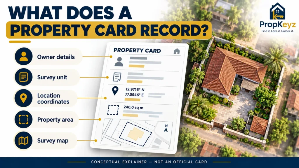 Lal Dora property card explainer showing owner details, survey unit, location coordinates, property area and survey map.
