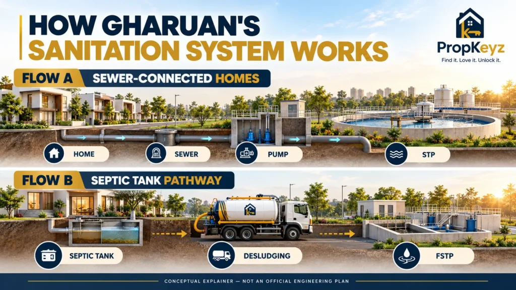 Gharuan sewer STP and septic tank FSTP sanitation flow conceptual explainer