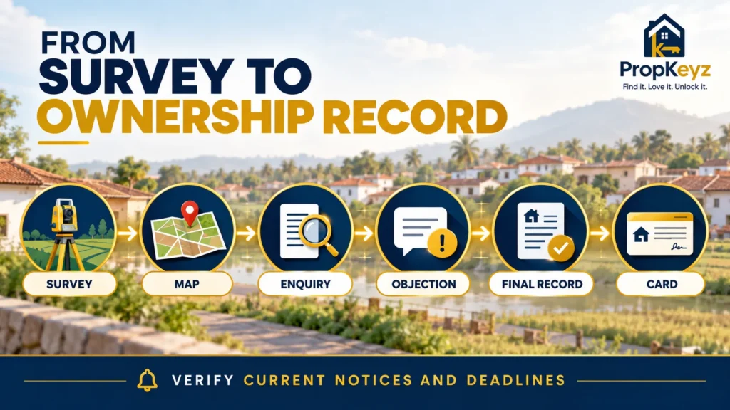 Punjab Lal Dora Property Card 2026 process infographic showing survey, mapping, enquiry, objection, final ownership record and card.