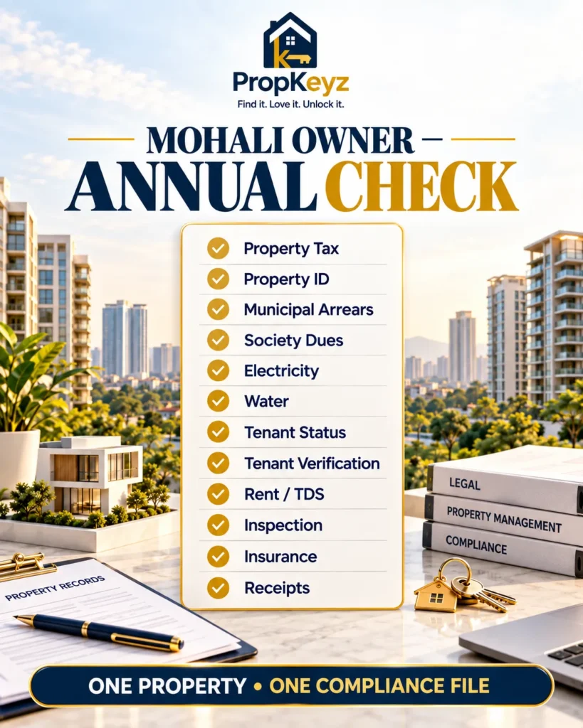 Mohali NRI owner annual property compliance checklist for tax dues tenants utilities and receipts