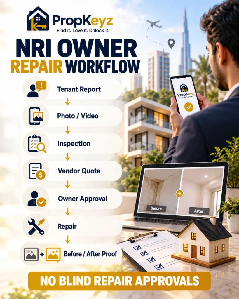 NRI Mohali property maintenance repair approval workflow tenant report inspection vendor quote owner approval