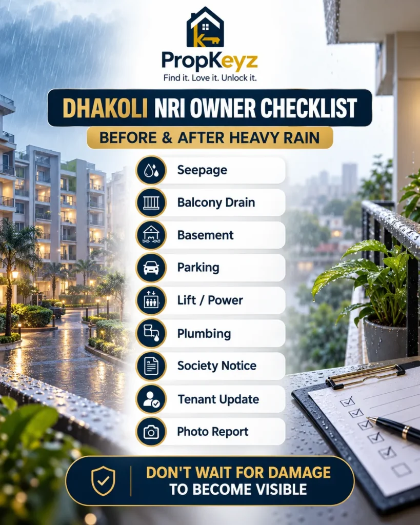 Dhakoli NRI property management monsoon inspection checklist for seepage basement drainage and tenant updates