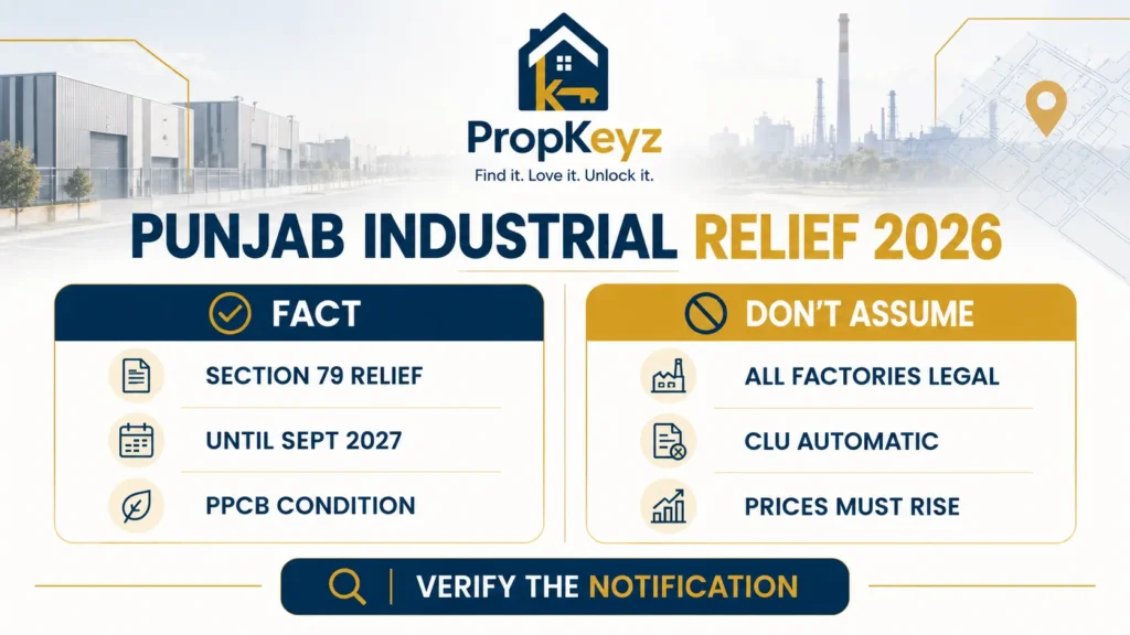 Punjab Non-Conforming Zone Exemption 2026 fact versus assumption infographic explaining Section 79 relief, CLU and PPCB conditions